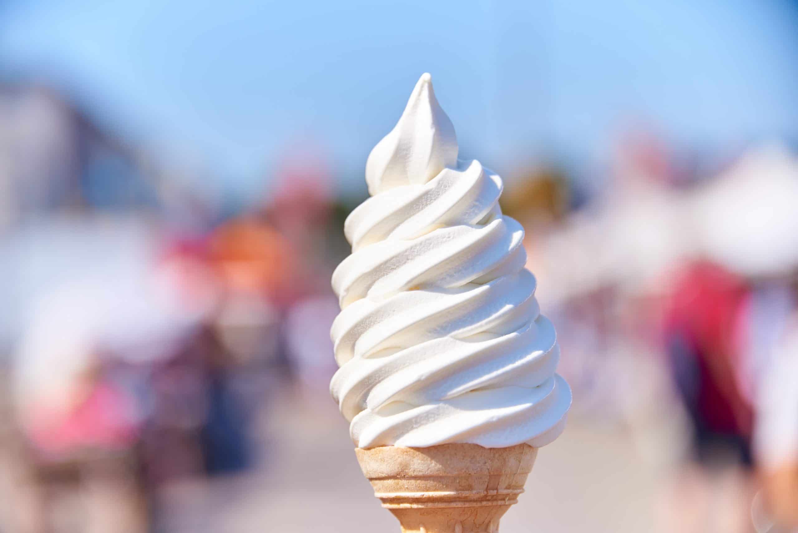 Soft serve ice cream cone at the Market Square in the center of Helsinki, Finland on hot day in July 2018.