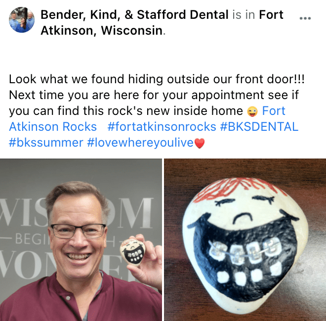 Dr. Bender showing off a goofy rock painted