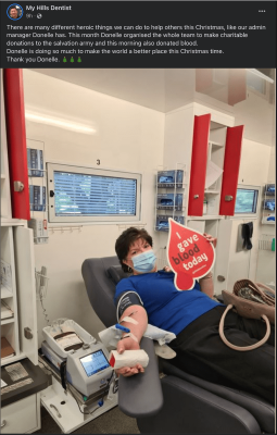 picture of My Hills Dentist admin manager donating blood