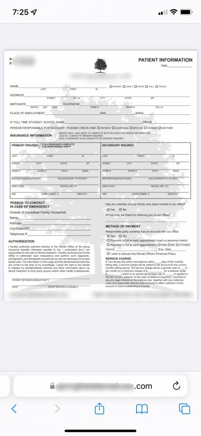 bad example of a new dental patient form, a pdf that you have to print and fill out by hand. 