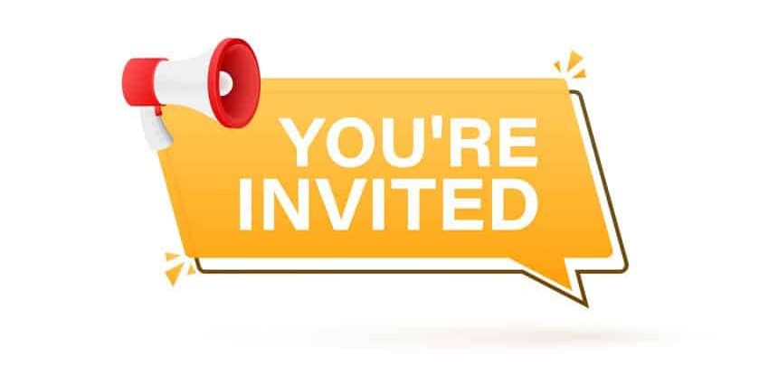 yellow graphic that says "you're invited"