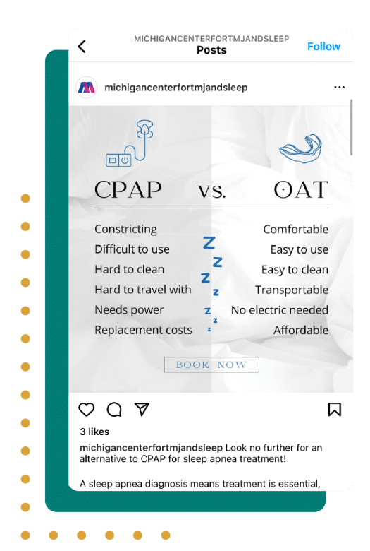 social media post showing the differences between a CPAP machine and Oral Appliance Therapy for Sleep apnea treatment